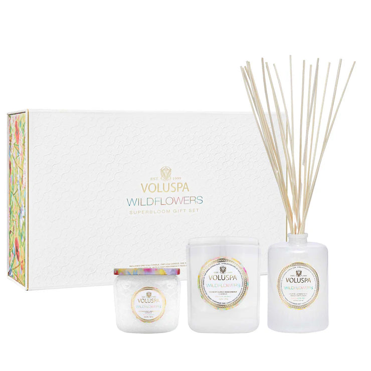 Voluspa Wildflowers Classic Candle, Petite Jar Candle,And Reed Diffuser Gift Set