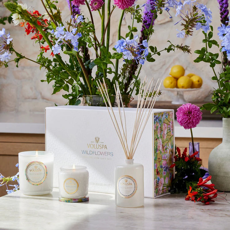 Voluspa Wildflowers Classic Candle, Petite Jar Candle,And Reed Diffuser Gift Set