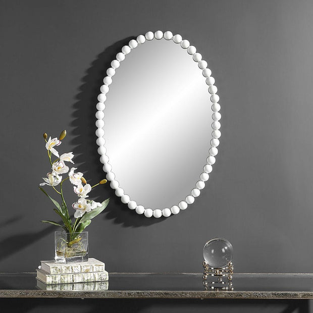 Uttermost Serna Beaded Matte White Oval Mirror