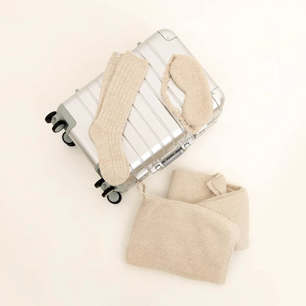 Kashwere Ultra Plush Linen with Desert Dune Fleck Travel Blanket, Pouch, Eye Mask and Spa Socks Set
