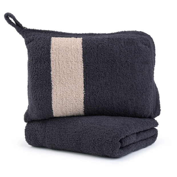 Kashwere Ultra Plush Midnight Grey and Wheat Stripe Travel Blanket With Pouch