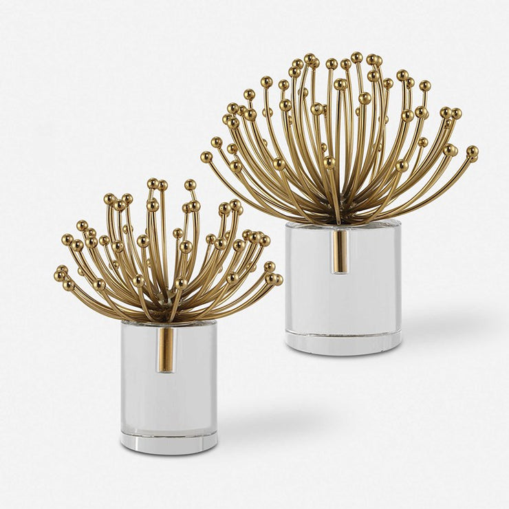 Uttermost Aga Modern Brushed Gold and Crystal Set of 2 Sculptures