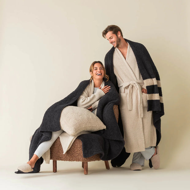 Kashwere Ultra Plush Midnight Grey & Wheat 2 Stripe Throw Blanket