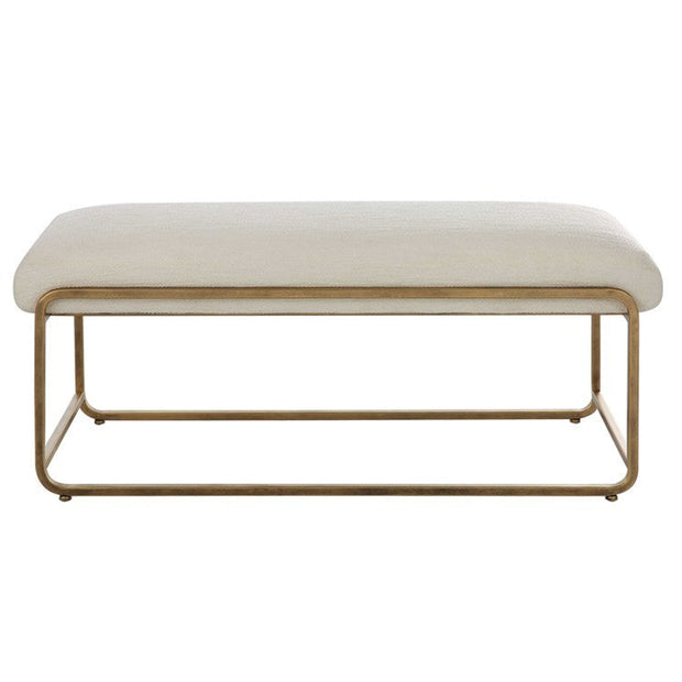 CB Crisp White Fabric With Antiqued Brushed Brass Metal Modern Bench