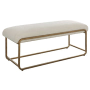 CB Crisp White Fabric With Antiqued Brushed Brass Metal Modern Bench