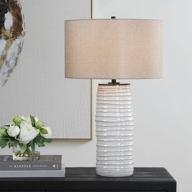 Uttermost Barat Distressed White Table Lamp With Dark Beige Linen Shade