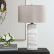 Uttermost Barat Distressed White Table Lamp With Dark Beige Linen Shade