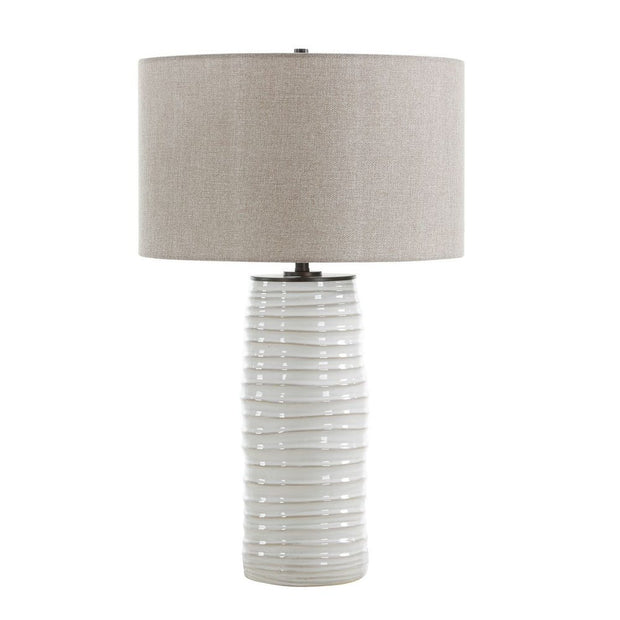 Uttermost Barat Distressed White Table Lamp With Dark Beige Linen Shade