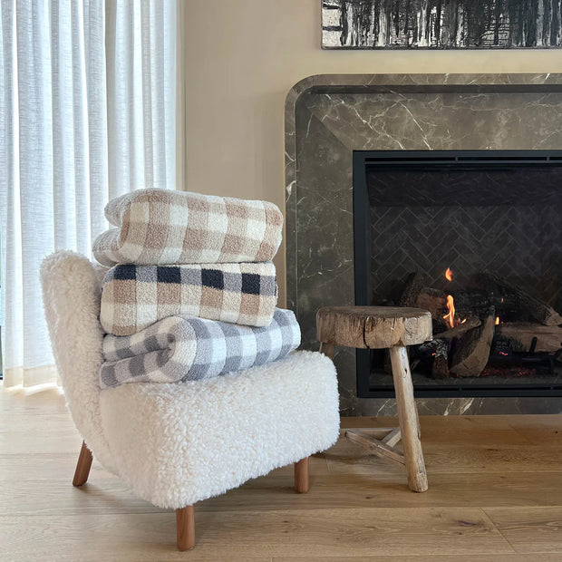 Kashwere Ultra Plush Gingham Cloud Throw Blanket ~ Malt, Creme, Teddy, Slate & Steel