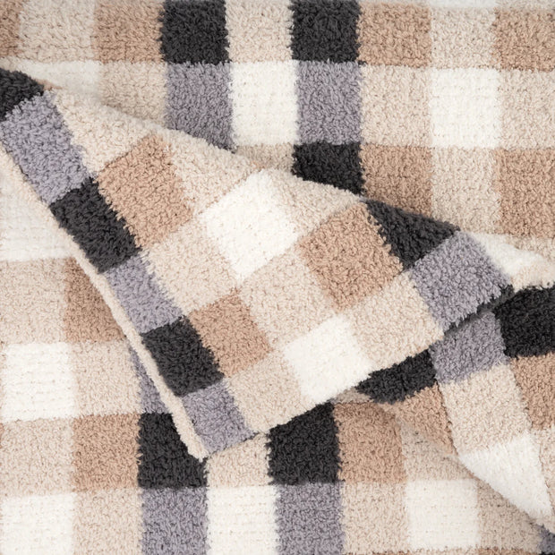 Kashwere Ultra Plush Gingham Cloud Throw Blanket ~ Malt, Creme, Teddy, Slate & Steel