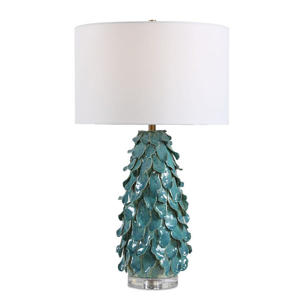 Uttermost Mina Aged Teal Blue Table Lamp With Crisp White Linen Shade