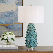 Uttermost Mina Aged Teal Blue Table Lamp With Crisp White Linen Shade