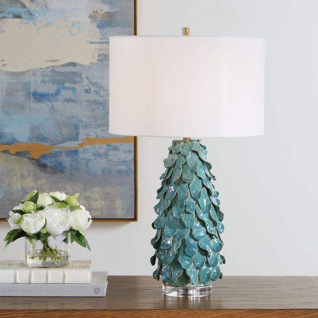 Uttermost Mina Aged Teal Blue Table Lamp With Crisp White Linen Shade