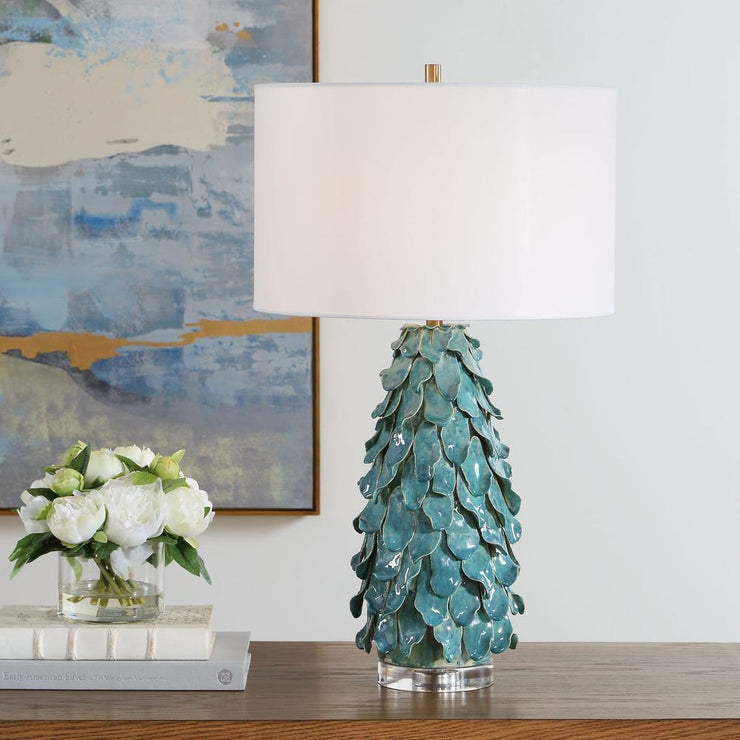 Uttermost Mina Aged Teal Blue Table Lamp With Crisp White Linen Shade