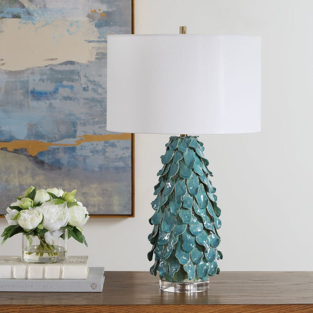 Uttermost Mina Aged Teal Blue Table Lamp With Crisp White Linen Shade