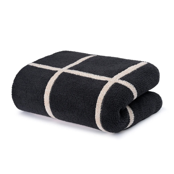 Kashwere Ultra Plush Window Pane Heathered Cloud Throw Blanket ~Midnight Grey, Linen & Wheat