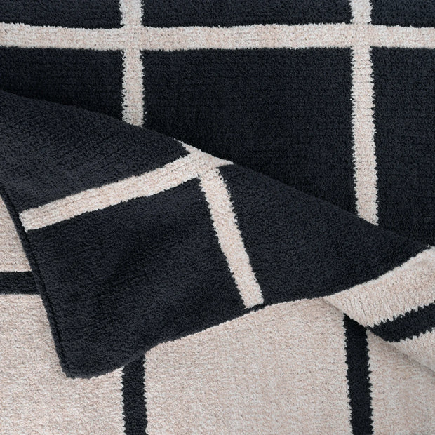 Kashwere Ultra Plush Window Pane Heathered Cloud Throw Blanket ~Midnight Grey, Linen & Wheat