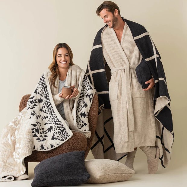 Kashwere Ultra Plush Window Pane Heathered Cloud Throw Blanket ~Midnight Grey, Linen & Wheat