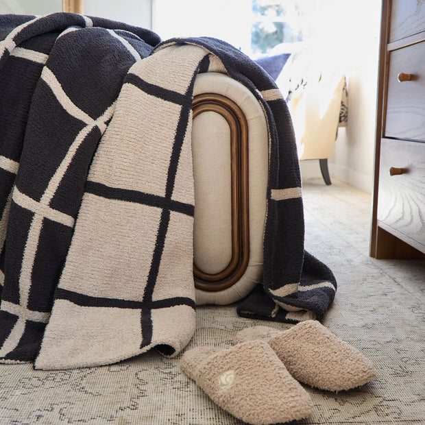 Kashwere Ultra Plush Window Pane Heathered Cloud Throw Blanket ~Midnight Grey, Linen & Wheat