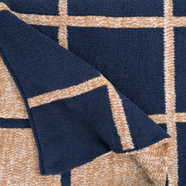 Kashwere Ultra Plush Window Pane Heathered Cloud Throw Blanket ~ Dark Navy, Haystack & Wheat