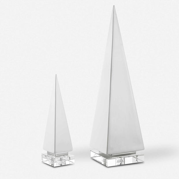 Uttermost Great Pyramids Chalk White Ceramic and Crystal Set of 2 Sculptures