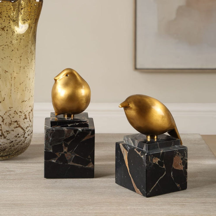 Uttermost Golden Finch With Black Marble Base ~ Set Of 2
