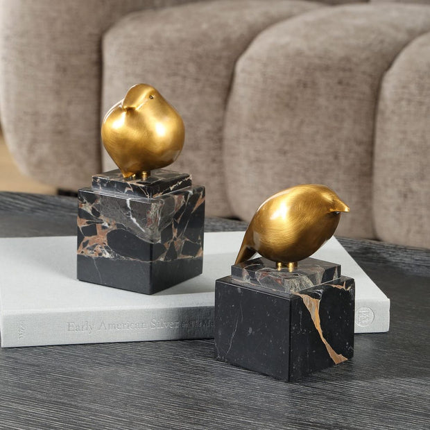 Uttermost Golden Finch With Black Marble Base ~ Set Of 2