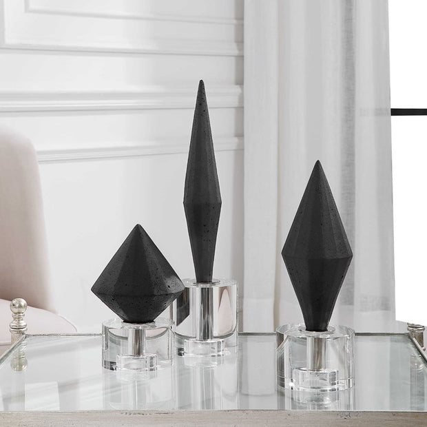 Uttermost Alize Black Stone and Crystal Set of 3 Sculptural Objects
