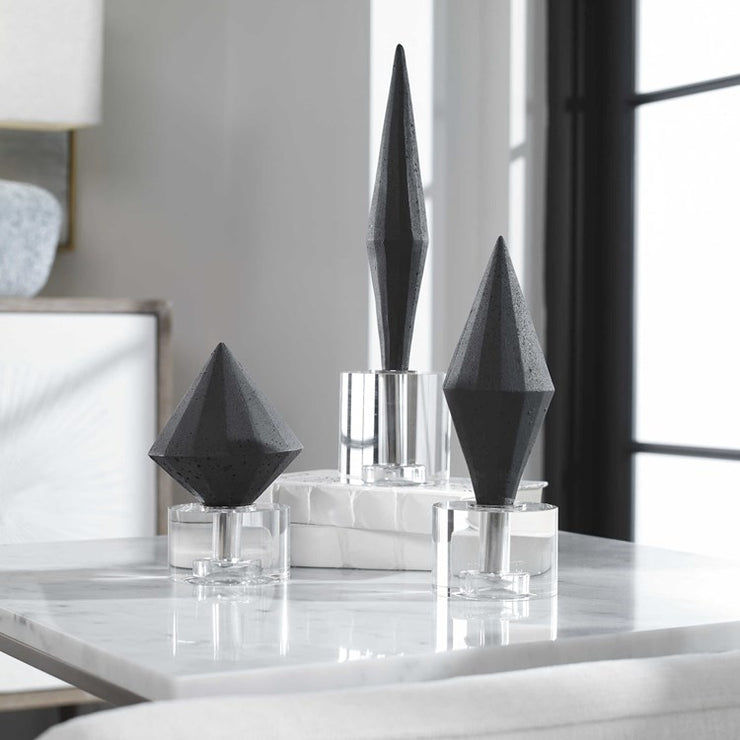 Uttermost Alize Black Stone and Crystal Set of 3 Sculptural Objects
