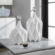 Uttermost Klara Glossy White Ceramic Modern Set of 2 Decorative Bottles With Crystal Finials