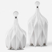 Uttermost Klara Glossy White Ceramic Modern Set of 2 Decorative Bottles With Crystal Finials