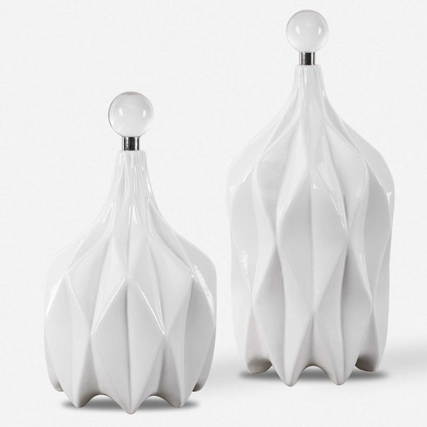 Uttermost Klara Glossy White Ceramic Modern Set of 2 Decorative Bottles With Crystal Finials