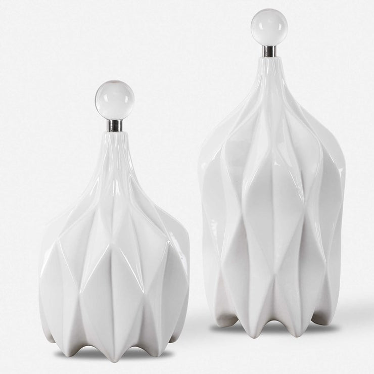 Uttermost Klara Glossy White Ceramic Modern Set of 2 Decorative Bottles With Crystal Finials