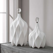 Uttermost Klara Glossy White Ceramic Modern Set of 2 Decorative Bottles With Crystal Finials