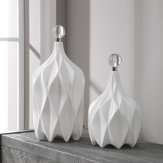 Uttermost Klara Glossy White Ceramic Modern Set of 2 Decorative Bottles With Crystal Finials