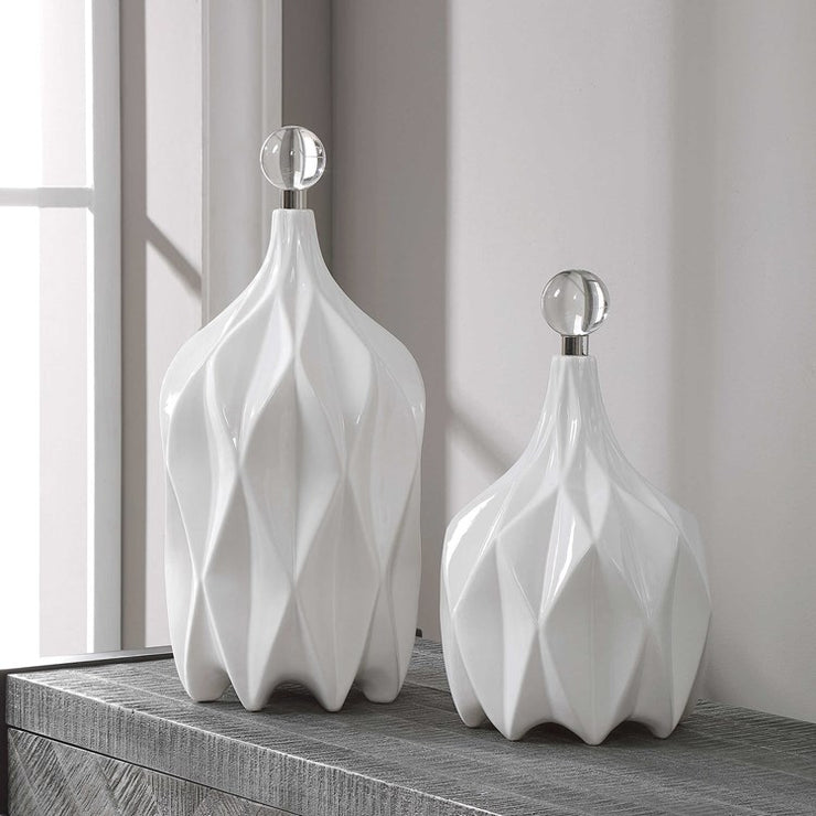 Uttermost Klara Glossy White Ceramic Modern Set of 2 Decorative Bottles With Crystal Finials