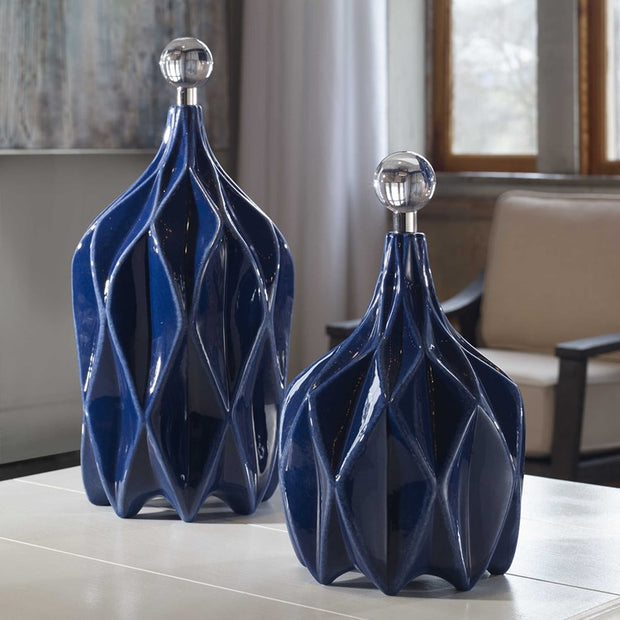 Uttermost Klara Glossy Cobalt Blue Ceramic Modern Set of 2 Decorative Bottles With Crystal Finials
