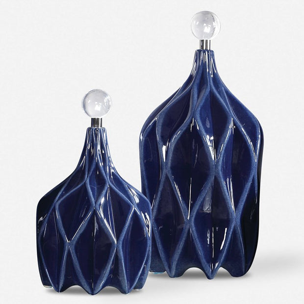 Uttermost Klara Glossy Cobalt Blue Ceramic Modern Set of 2 Decorative Bottles With Crystal Finials