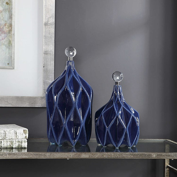 Uttermost Klara Glossy Cobalt Blue Ceramic Modern Set of 2 Decorative Bottles With Crystal Finials