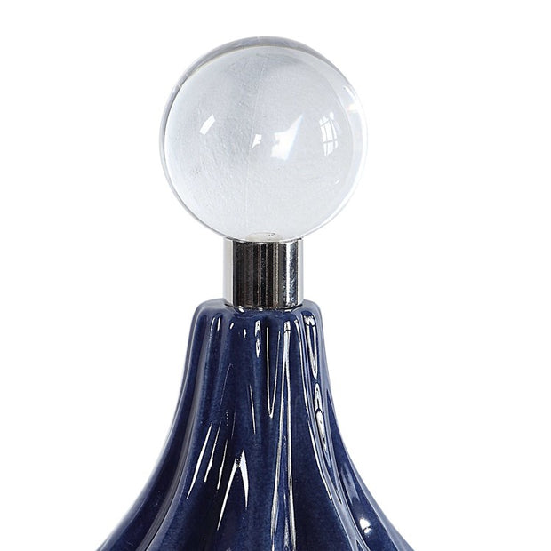 Uttermost Klara Glossy Cobalt Blue Ceramic Modern Set of 2 Decorative Bottles With Crystal Finials