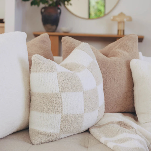 Kashwere Ultra Soft Creme with Linen 20x20 Cloud Check Pillow with Plush Insert