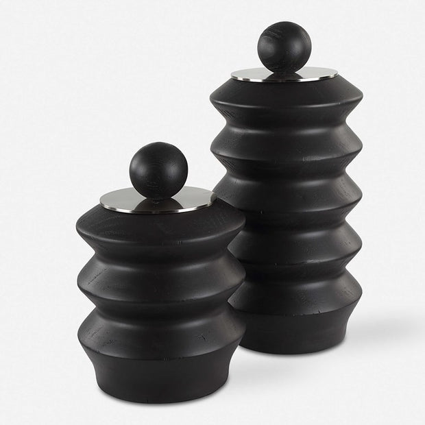 Uttermost Accordion Black Stained Wood with Brushed Nickel Lids Set of 2 Decorative Containers