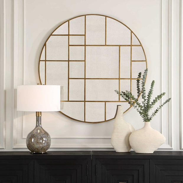 Uttermost Geometric Grid Antiqued Gold Round Mirror