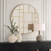 Uttermost Geometric Grid Antiqued Gold Round Mirror