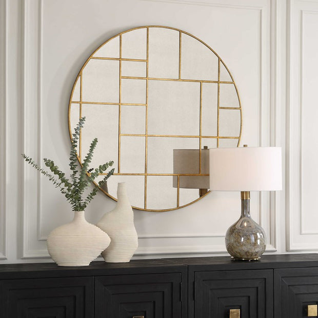 Uttermost Geometric Grid Antiqued Gold Round Mirror