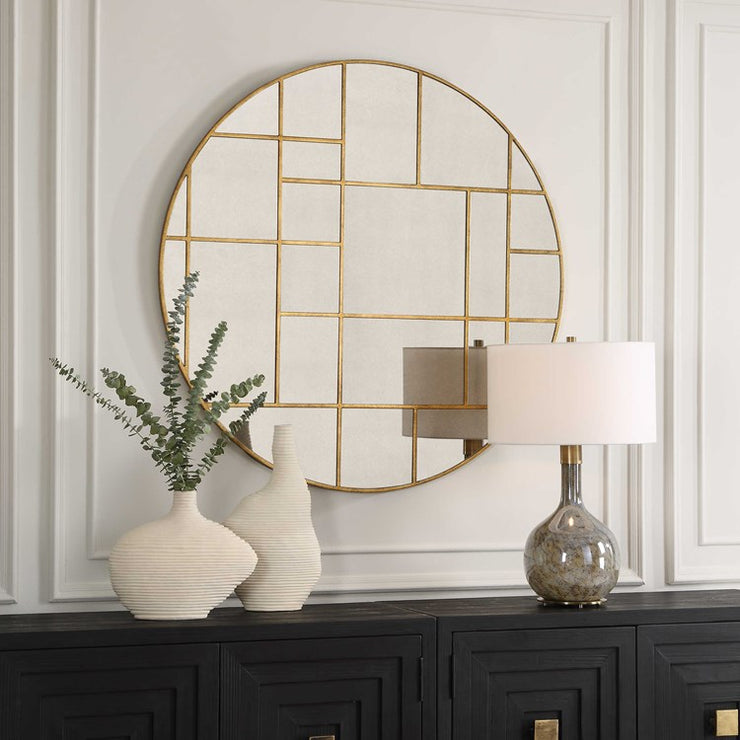 Uttermost Geometric Grid Antiqued Gold Round Mirror