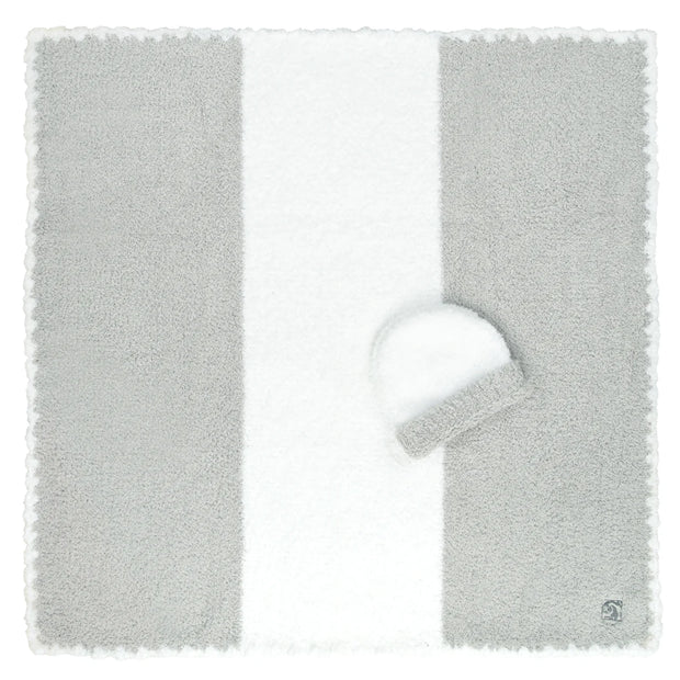 Kashwere Baby Ultra Plush Soapstone with White Center Stripe Baby Blanket & Cap