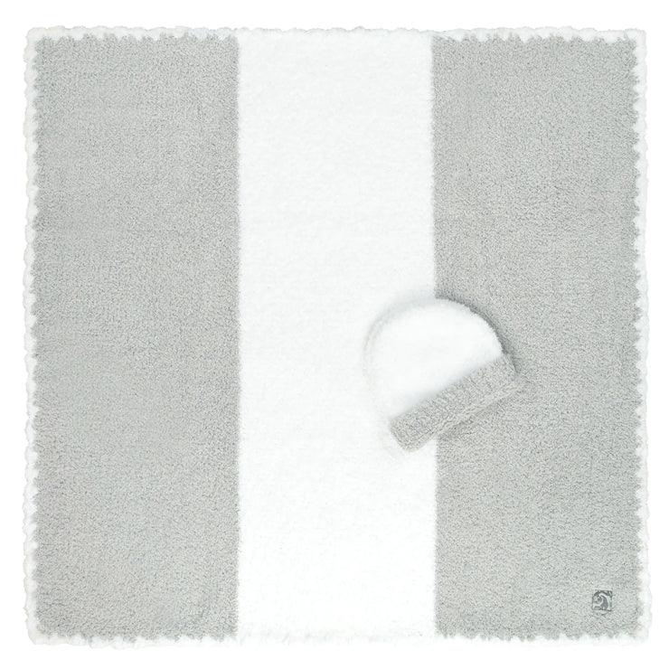 Kashwere Baby Ultra Plush Soapstone with White Center Stripe Baby Blanket & Cap