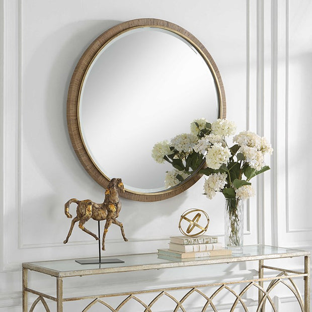 Uttermost Paradise Rattan Wrapped Antiqued Gold Iron Round Mirror
