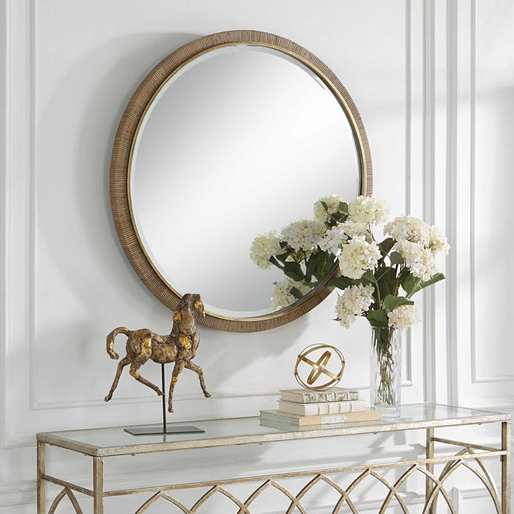 Uttermost Paradise Rattan Wrapped Antiqued Gold Iron Round Mirror